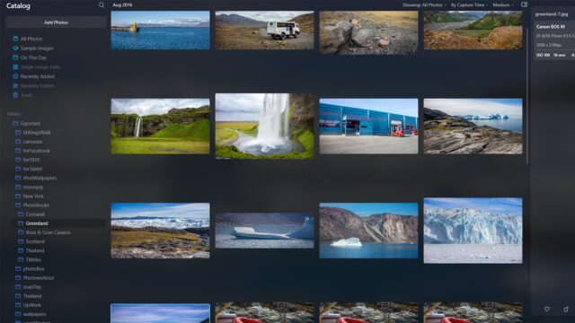 Luminar Neo photo catalog with a grid of travel images displayed.