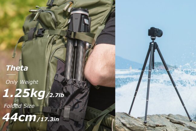 The Theta tripod folded on a backpack and the expanded tripod standing on a rock with a camera mounted and the sea in the background.