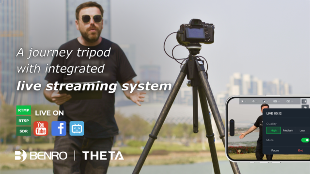 Man wearing sunglasses recording in front of the Benro Theta with a river and buildings in the background.