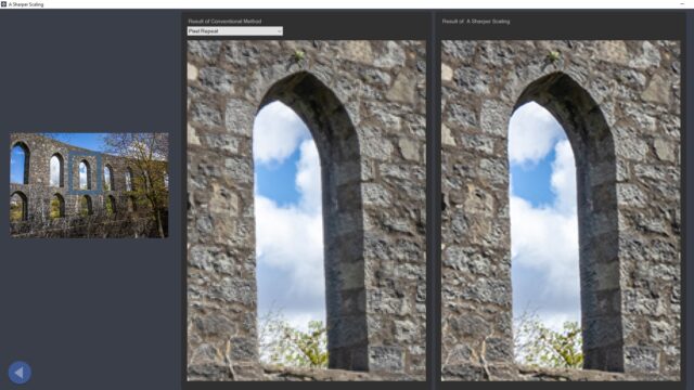 Comparing the before and after of a section of an image enlarged in A Sharper Scaling.