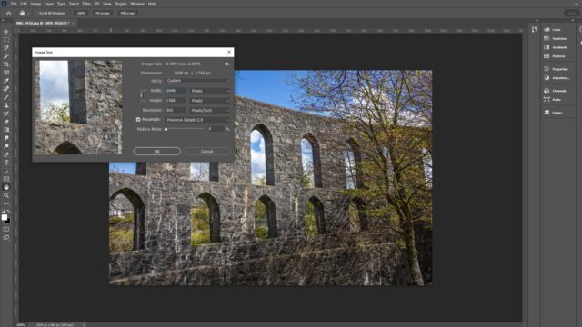 Using the Image Size tool in Photoshop to enlarge an image.