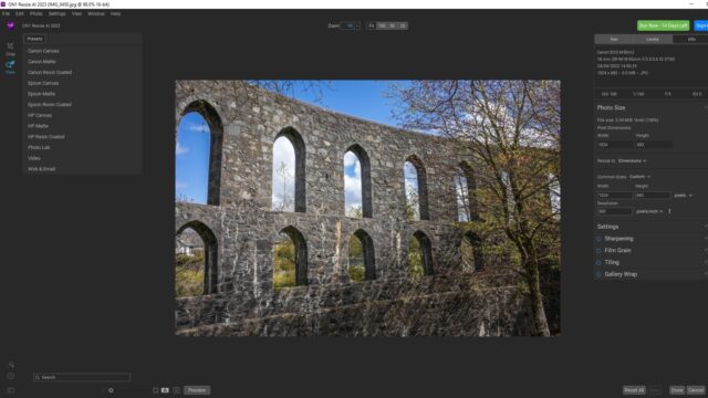 ON1 Resize AI interface with a Scottish architectural landscape image in the center.