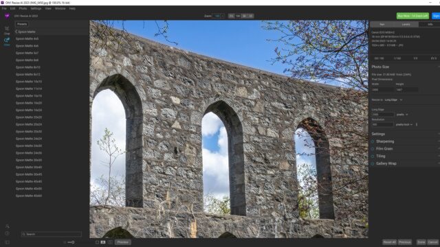 ON1 Resize AI program zoomed in on an image of stone arches.