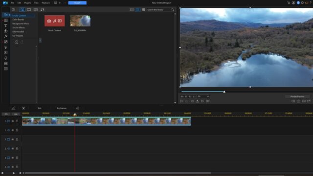 PowerDirector 365 interface with drone footage on the right and editing tools on the left.