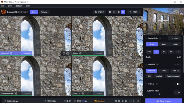 Four different AI models compared in Topaz Gigapixel AI program.