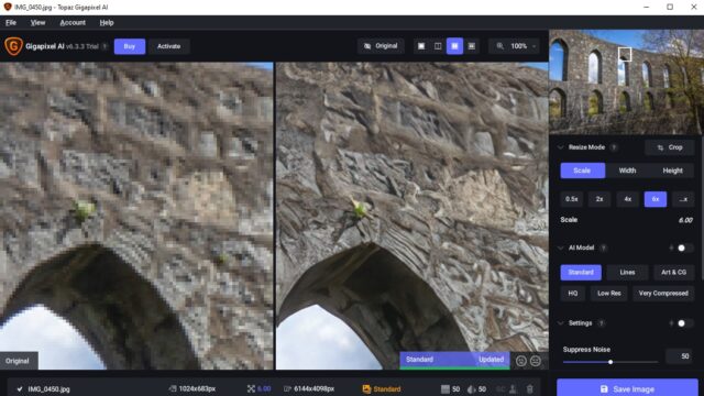 A before and after view of a 6x image enlargement in Topaz Labs Gigapixel AI.