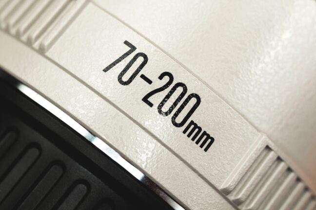 Camera lens marking on macro, telephoto 70-200mm lens close up photo.