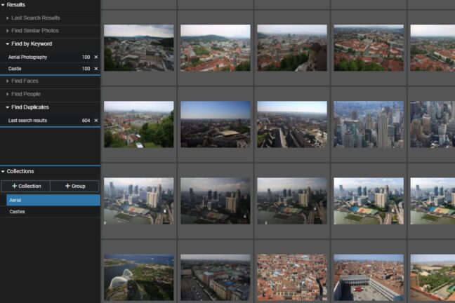 A collection of aerial photos shown as a grid in Excire Foto.