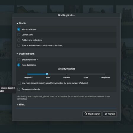 Find Duplicates dialog box in Excire Foto with various parameters.
