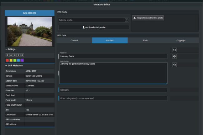 Editing the metadata of an Inveraray Castle photo in Excire Foto.