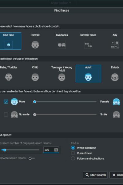 The Excire Foto Find faces dialog box with a variety of options for searching.