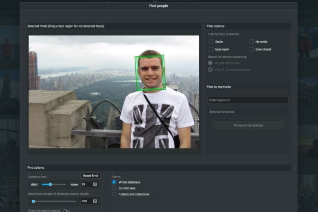 The Find people AI search tool in Excire Foto showing a green square around a person's face.