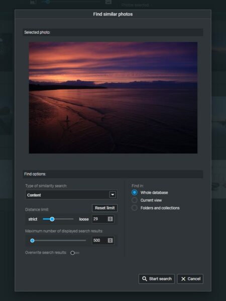 The Find similar photos tool in Excire Foto with a sunset image selected.