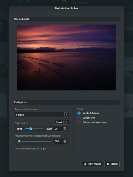 The Find similar photos tool in Excire Foto with a sunset image selected.