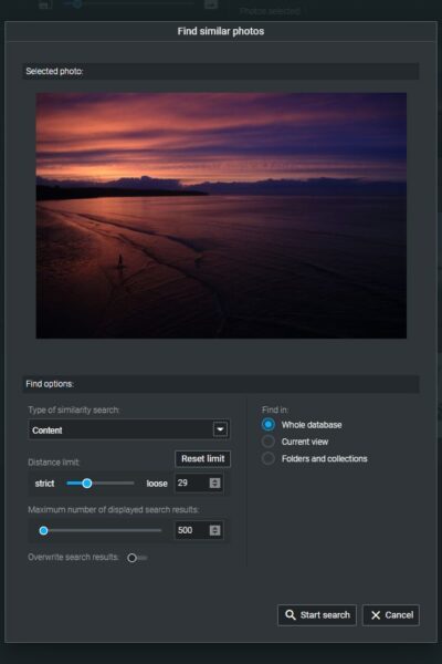 The Find similar photos dialog box in Excire Foto displaying a sunset image.