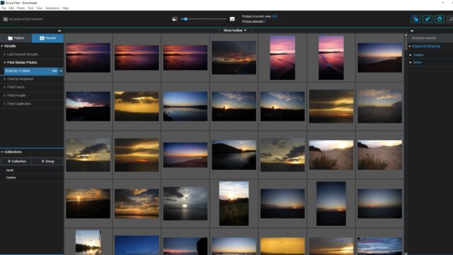 Results from the find similar photos search in Excire Foto showing a grid of sunset images.