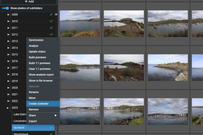 Image thumbnails from a Scotland trip displayed in a grid next to folder options in Excire Foto.