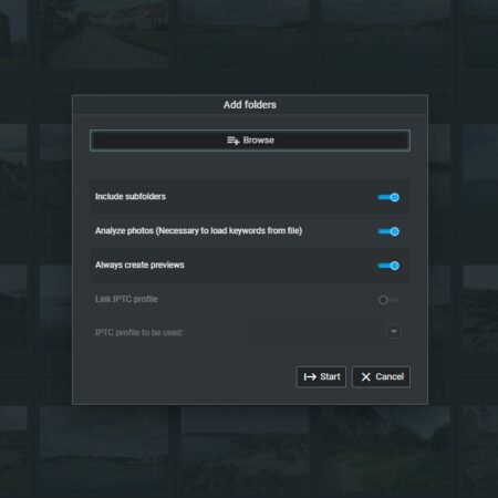 Excire Foto 2022 Add folders dialog box with parameters.