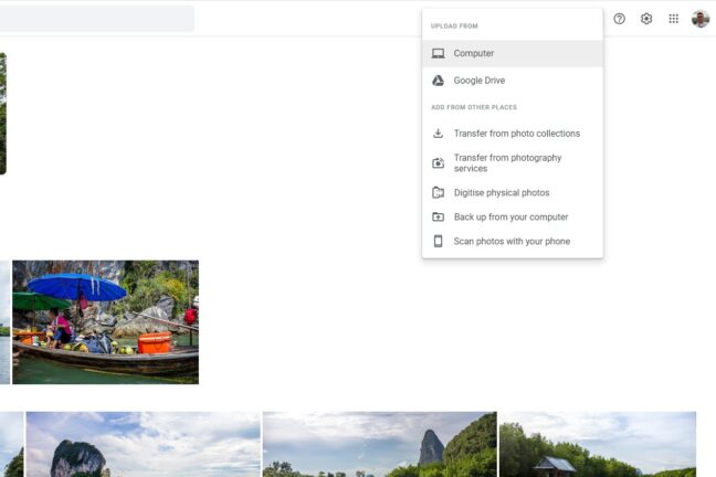 Menu displaying different upload options in Google Photos including Computer and Google Drive.