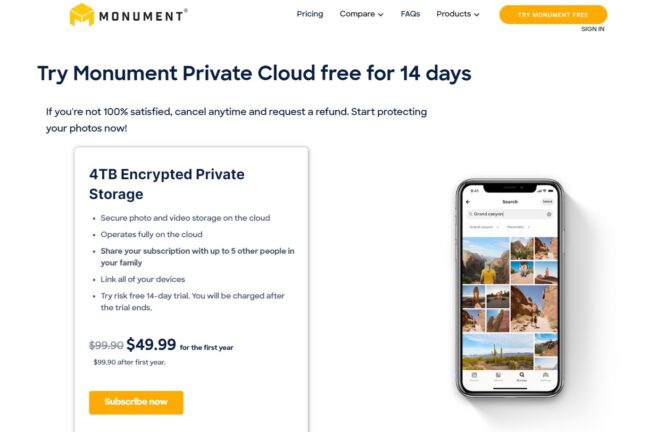 Pricing page for Monument Cloud with a list of the program's benefits.