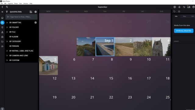 The calendar view in Mylio Photos showing images taken in early September.