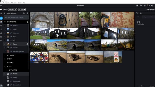 A grid of images in Mylio Photos filtered by smart tags selected on the left-hand side.