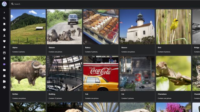 PhotoPrism software displaying various photo albums including Alpine, Baboon, and Bakery.