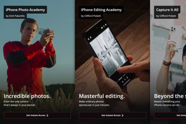 iPhone Photography School course options including iPhone Photo Academy and iPhone Editing Academy.