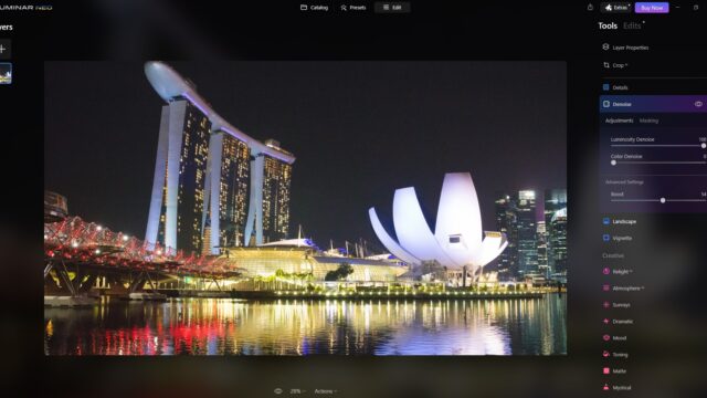 Luminar Neo main editing window with an urban night photo on the left and the Denoise tool open on the right.