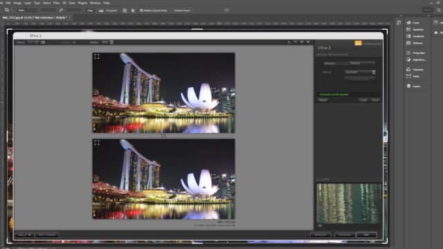 Nik Dfine plugin open in Photoshop with a comparison of two images featuring an urban nightscape.