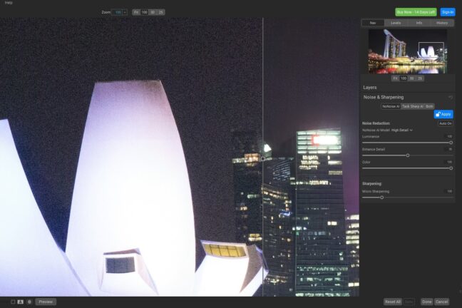 ON1 NoNoise AI noise reduction software main window with a before/after slider splitting a magnified urban nightscape image.