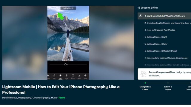 Lightroom Mobile course on Skillshare paused in the middle of the first lesson.