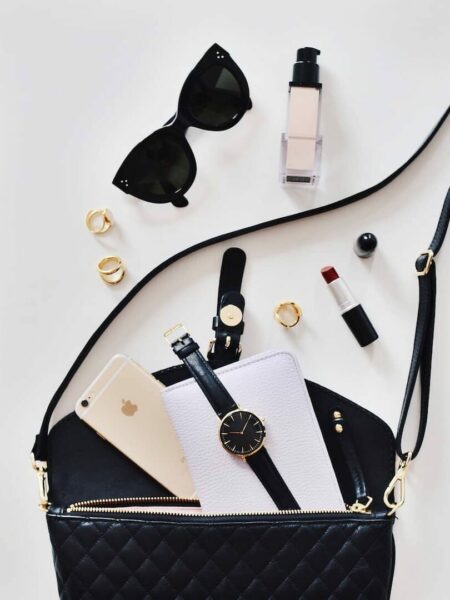 handbag flat lay