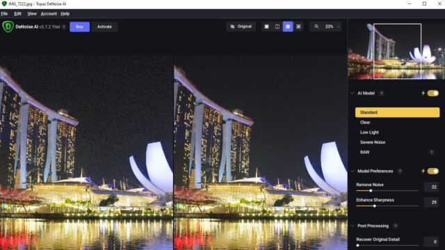 Topaz DeNoise AI with the AI Model tool set to Standard next to a before/after view of an urban nightscape image.