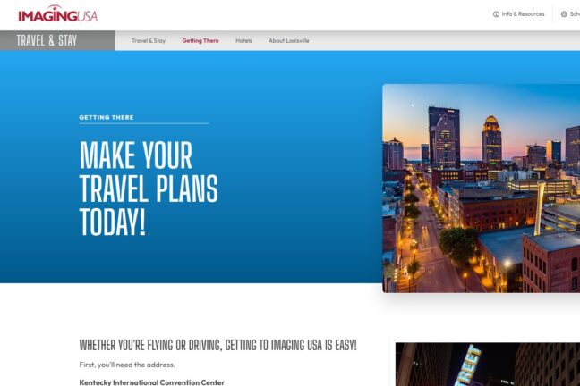 Imagine USA website page encouraging readers to make travel plans for the conference.