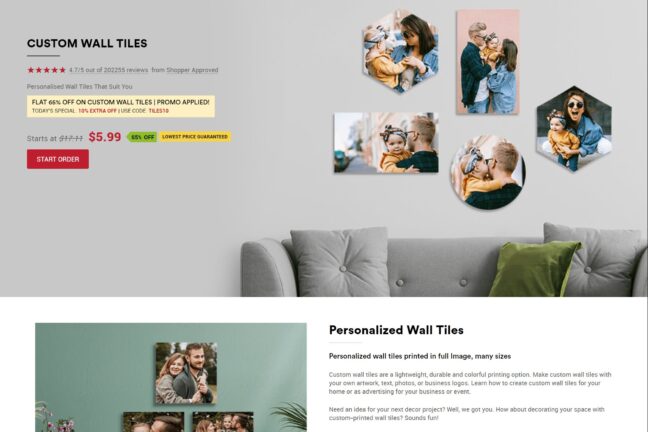 The CanvasChamp website with the custom wall tiles product listing.