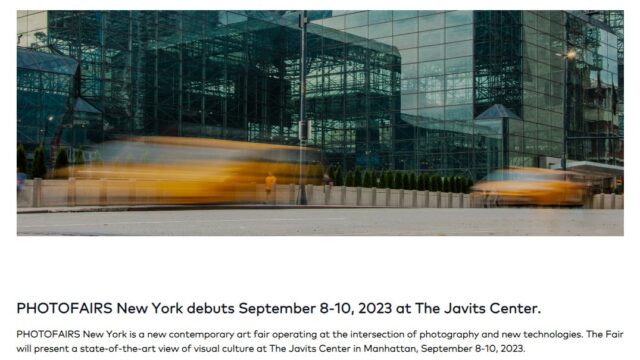 The main page of the Photofairs website showing cars blurring past the convention center.