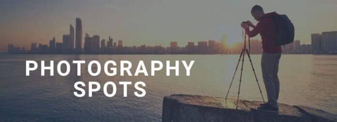 Man taking picture from an ideal photography spot looking at the city skykline.