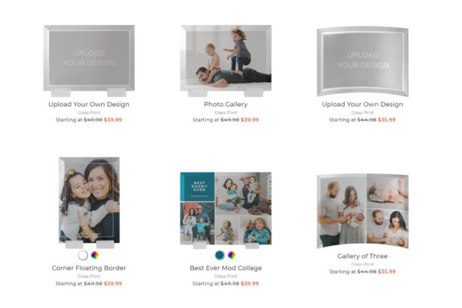 The Shutterfly website with several glass print products.