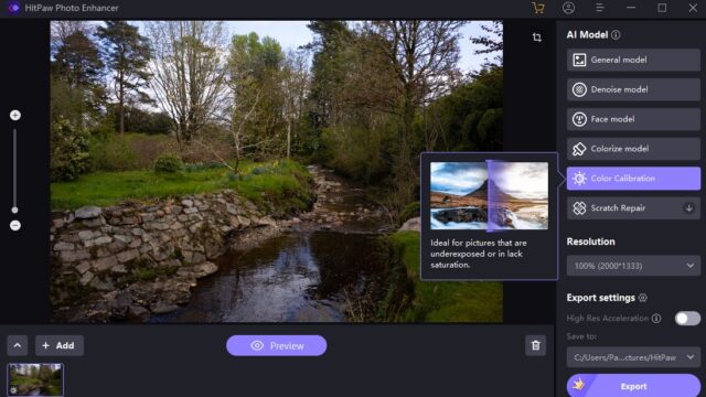 The Color Calibration model being used on an image of a stream in the HitPaw Photo Enhancer software.