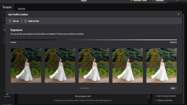 Imagen AI program displaying exposure adjustment options during the editing profile process.