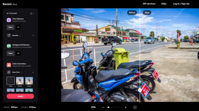 Remini interface showing automatic AI enhancements on a photo of motorcycles in Thailand.