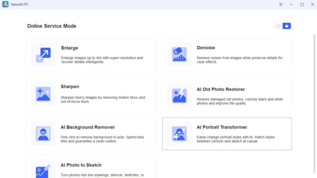 VanceAI main tool selection screen with a variety of options including AI Portrait Transformer.