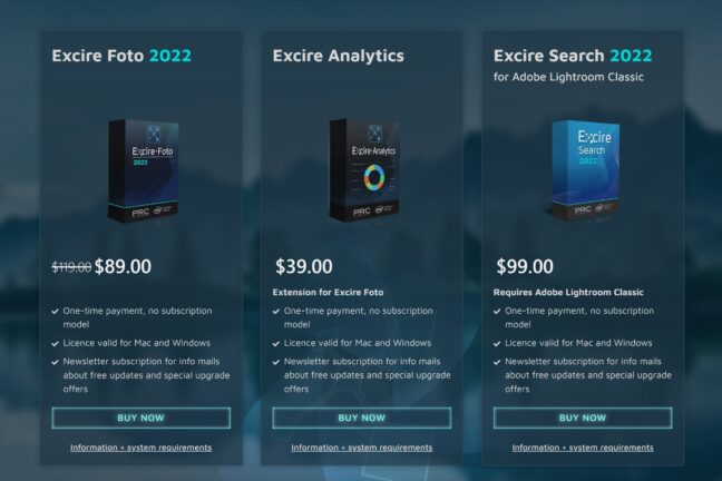 Price options on the Excire website for Excire Photo 2022, Excire Analytics, and Excire Search 2022.