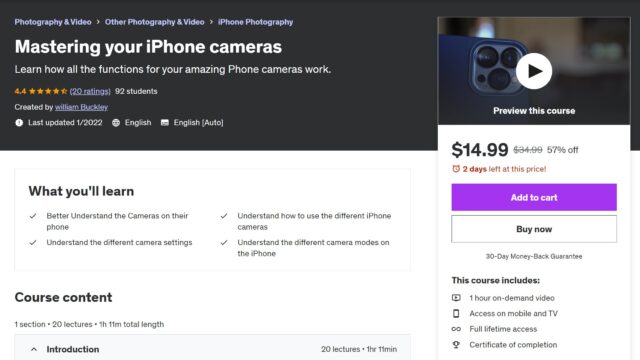 Mastering Your iPhone Cameras course page on Udemy.