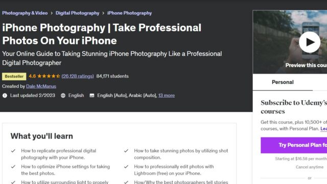 iPhone Photography course home page from Udemy.