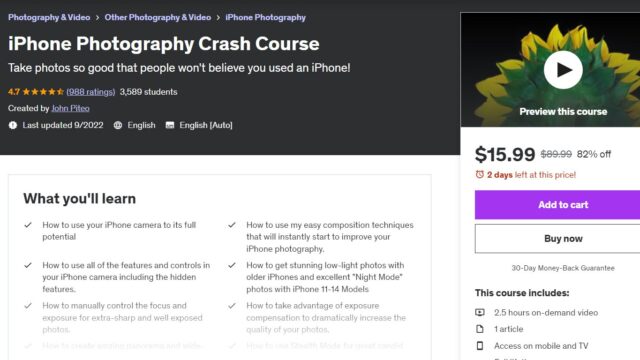 iPhone Photography Crash Course main page on Udemy.