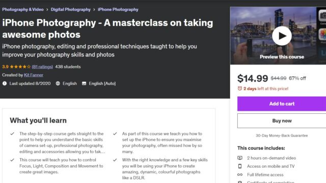 iPhone Photography masterclass main page on Udemy.