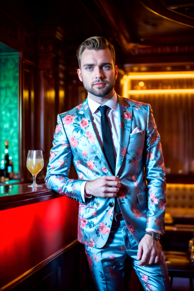 Portrait generated using Photo AI featuring a blue-eyed man in a silk floral suit in a cocktail lounge.