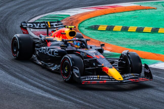 Sergio PEREZ Mendoza from Mexico in a speeding formula one car.